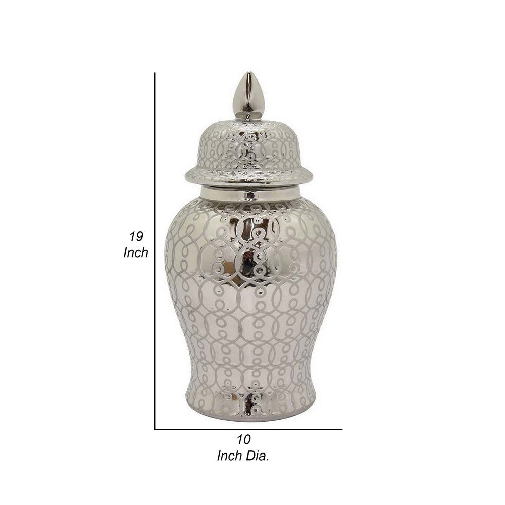Deni 25 Inch Temple Jar, Classic Design, Removable Lid, Ceramic, Silver By Casagear Home