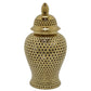 Deni 25 Inch Temple Jar, Small Carved Cut Out Lattice, Lid, Gold Ceramic By Casagear Home