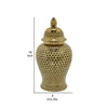 Deni 25 Inch Temple Jar, Small Carved Cut Out Lattice, Lid, Gold Ceramic By Casagear Home