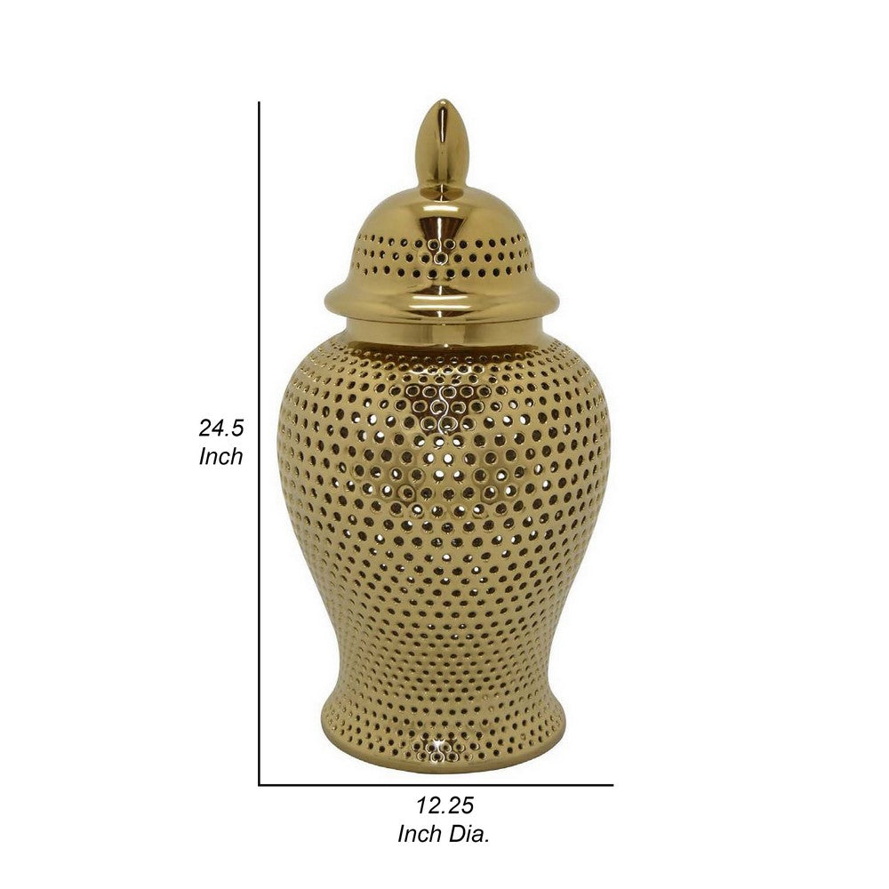 Deni 25 Inch Temple Jar, Large Carved Cut Out Lattice, Lid, Gold Porcelain By Casagear Home