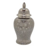 Deni 25 Inch Temple Jar, Large Carved Lattice Design with Lid, Silver By Casagear Home