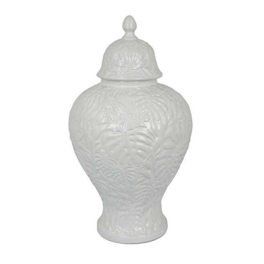 Deni 18 Inch Temple Jar, Embossed Design, Removable Lid, White Finish By Casagear Home