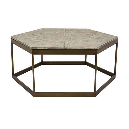 Eliza 40 Inch Plant Stand Table, Hexagon Shaped Wood Top, Gold Metal, Wood By Casagear Home
