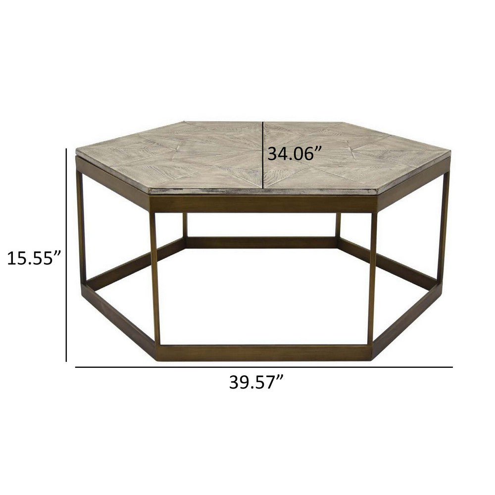 Eliza 40 Inch Plant Stand Table, Hexagon Shaped Wood Top, Gold Metal, Wood By Casagear Home