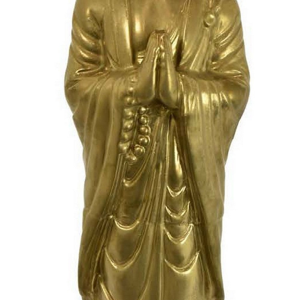 James 34 Inch Buddha Figurine, Ceramic, Standing on Lotus Pedestal, Gold By Casagear Home
