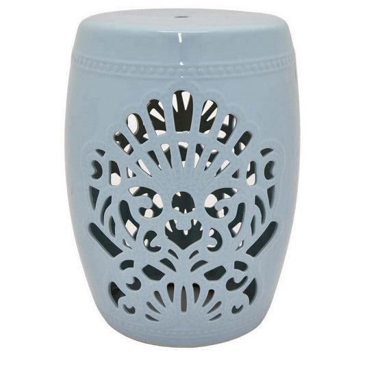 Sia 19 Inch Garden Plant Stand, Ceramic Stool, Floral Cut Out Pattern Blue By Casagear Home
