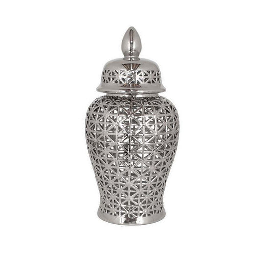Paul 20 Inch Pierced Temple Jar with Lid, Intricate Pattern Ceramic, Silver By Casagear Home