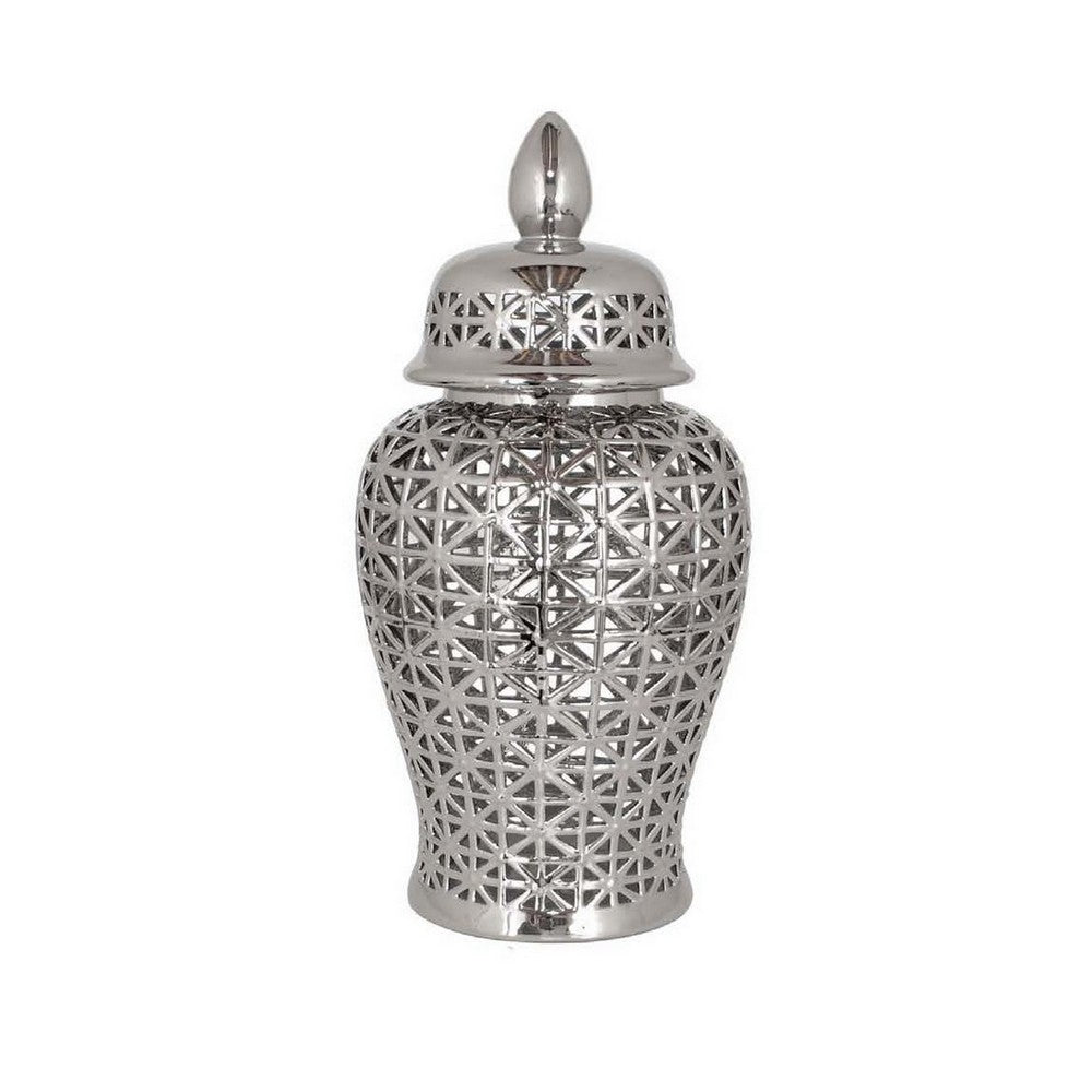 Paul 20 Inch Pierced Temple Jar with Lid, Intricate Pattern Ceramic, Silver By Casagear Home