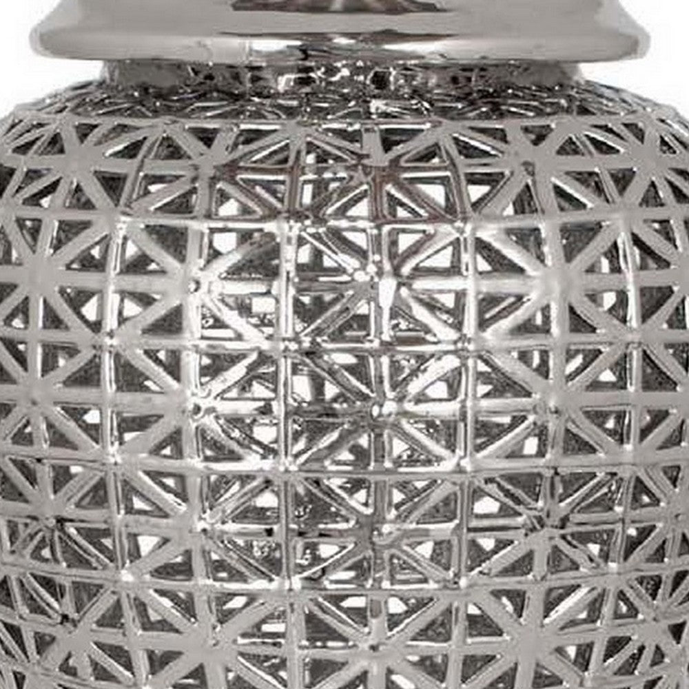 Paul 25 Inch Pierced Temple Jar with Lid, Intricate Pattern Ceramic, Silver By Casagear Home