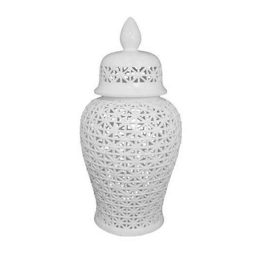 Paul 34 Inch Pierced Temple Jar with Lid, Intricate Pattern Ceramic, White By Casagear Home