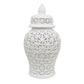 Paul 25 Inch Pierced Temple Jar with Lid, Intricate Pattern Ceramic, White By Casagear Home