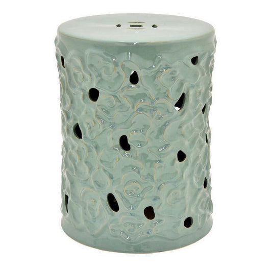 Bella 20 Inch Plant Stand Table, Pierced Pattern, Cylindrical Green Ceramic By Casagear Home