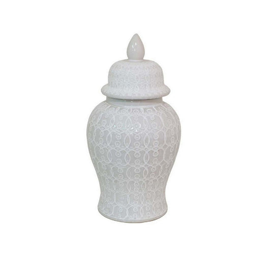 Deni 19 Inch Temple Jar, Removable Lid, Carved Pattern, Ceramic, White By Casagear Home