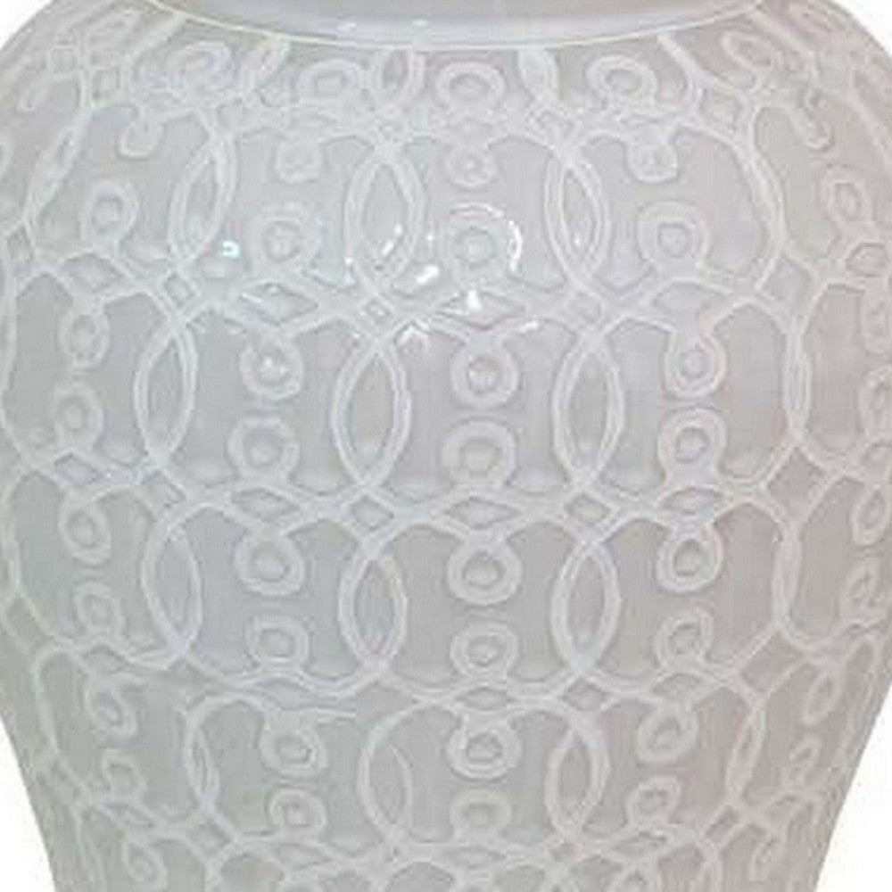 Deni 19 Inch Temple Jar, Removable Lid, Carved Pattern, Ceramic, White By Casagear Home