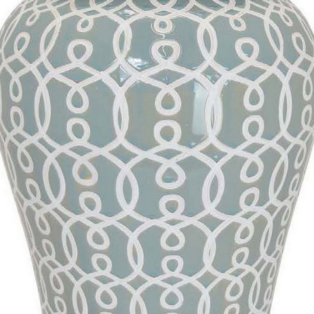 Deni 33 Inch Temple Jar, Removable Lid, Carved Pattern, Ceramic, Mint Green By Casagear Home
