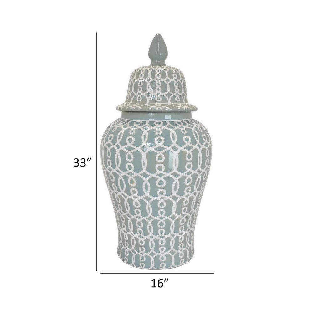 Deni 33 Inch Temple Jar, Removable Lid, Carved Pattern, Ceramic, Mint Green By Casagear Home