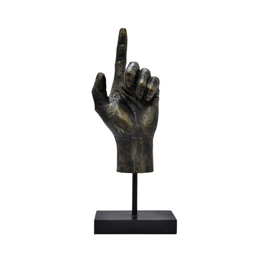 24 Inch Pointing Hand Sculpture, Pedestal 'Base, Resin Frame, Bronze By Casagear Home