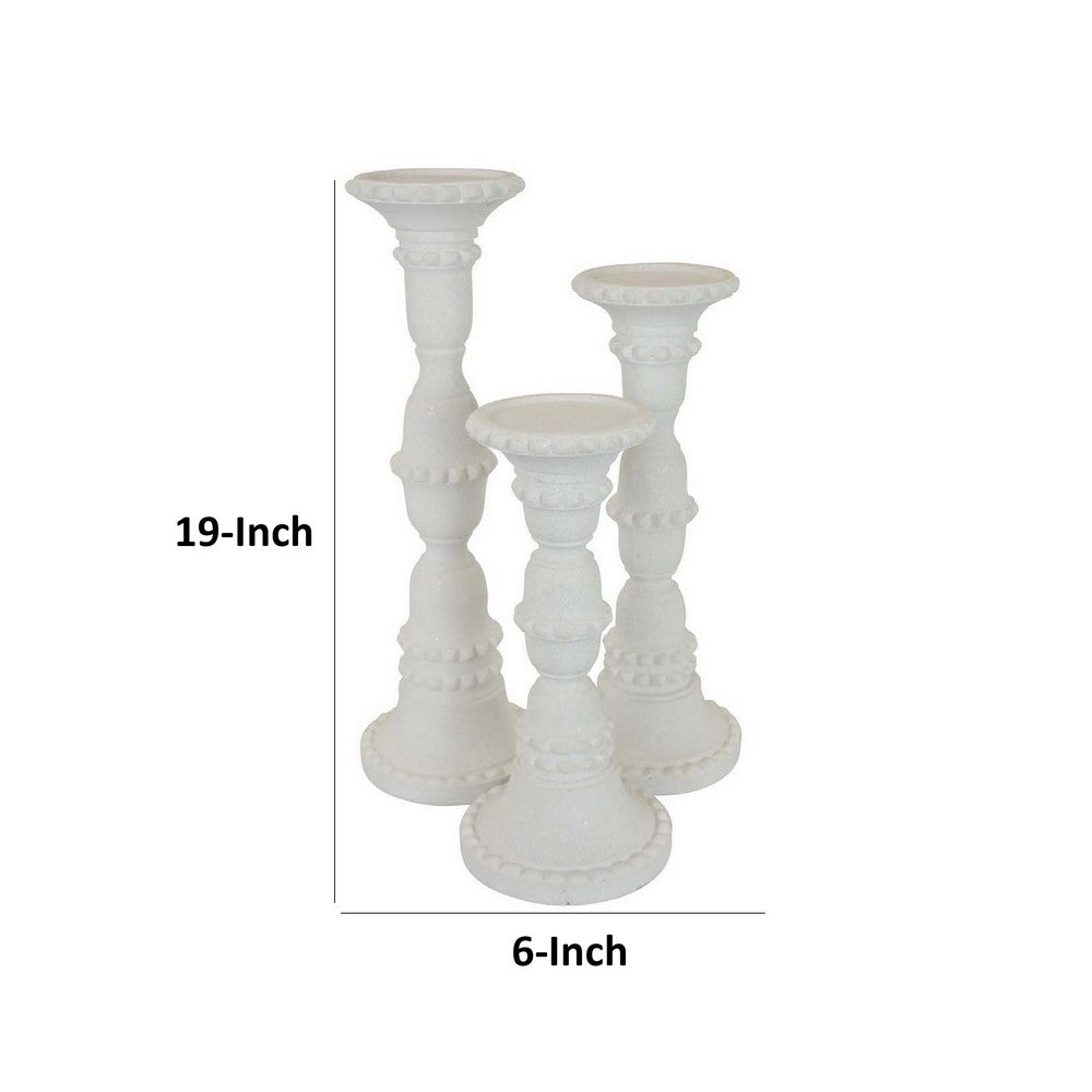 Accent Candle Holder Set of 3, Tall Pillars, Heavy Base, White Resin By Casagear Home