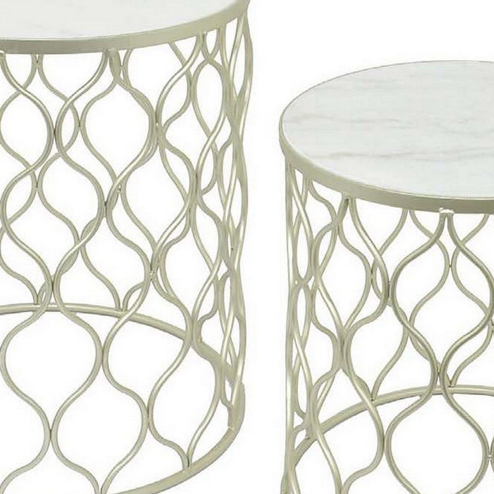 Poh 21 Inch Plant Stand Table Set of 2, Round Top, Metal, Marble, Champagne By Casagear Home