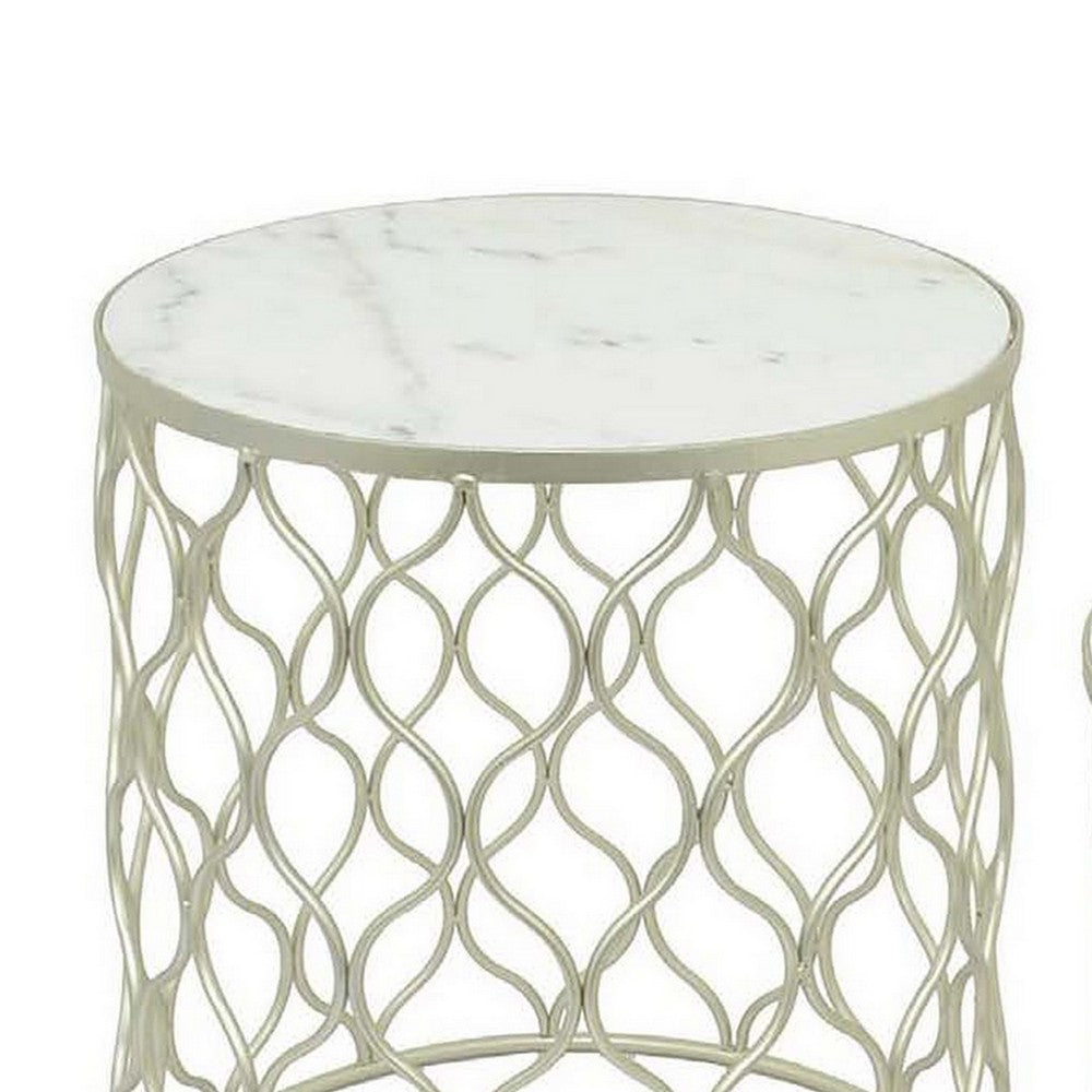 Poh 21 Inch Plant Stand Table Set of 2, Round Top, Metal, Marble, Champagne By Casagear Home