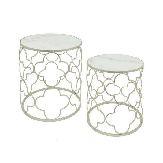Poh 23 Inch Plant Stand Table Set of 2, Round Top, Metal, Marble, Silver  By Casagear Home