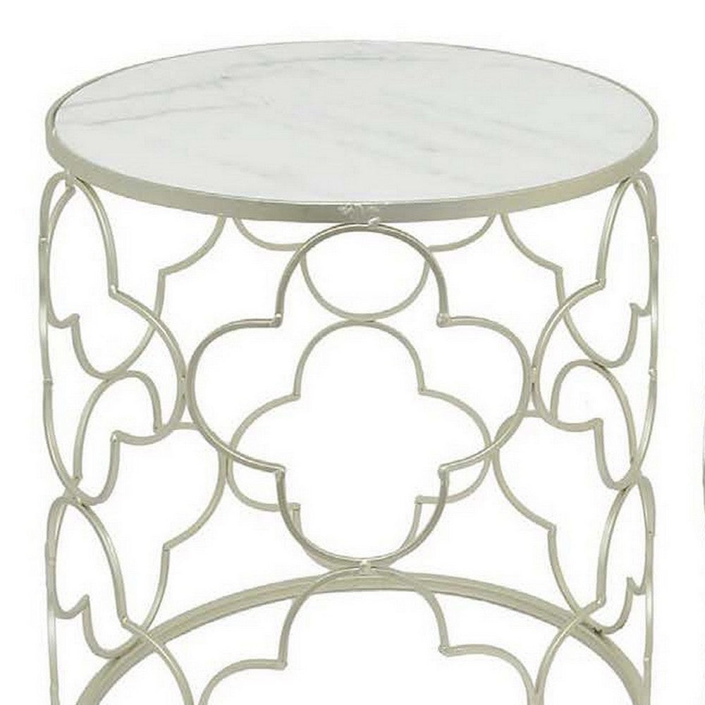 Poh 23 Inch Plant Stand Table Set of 2, Round Top, Metal, Marble, Silver  By Casagear Home