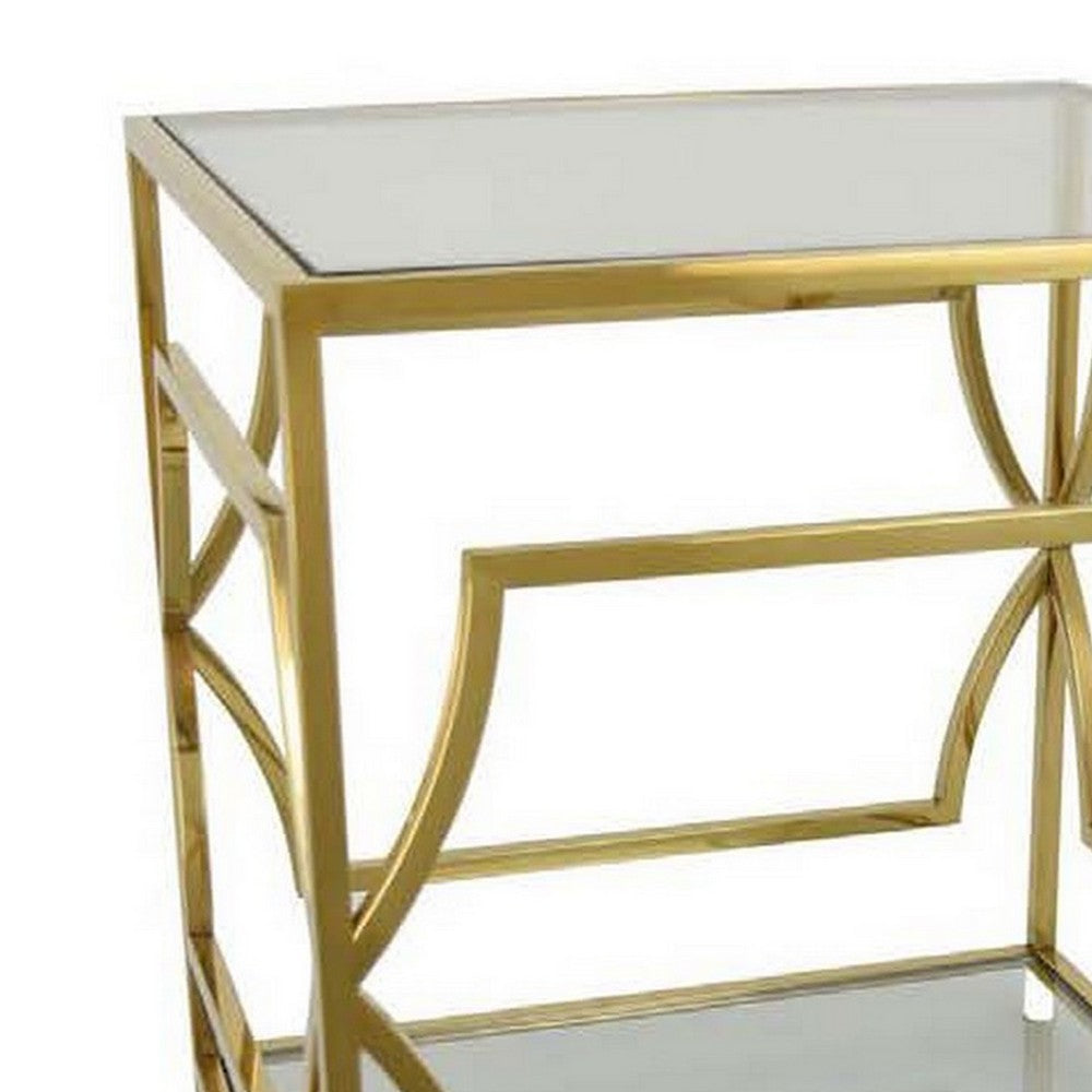 Mivi 24 Inch Plant Stand Table, Square, Pattern Base, Glass, Metal, Gold By Casagear Home
