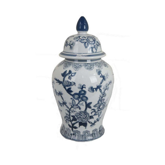 18 Inch Decorative Temple Jar with Floral Design, Ceramic, Blue, White By Casagear Home