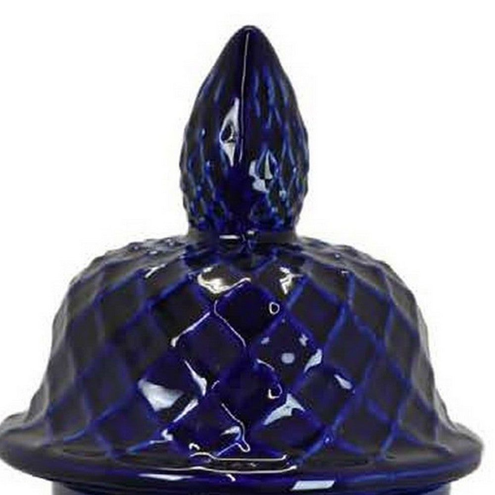 Livie 20 Inch Temple Ginger Jar, Geometric Design, Dome Lid, Ceramic, Blue By Casagear Home