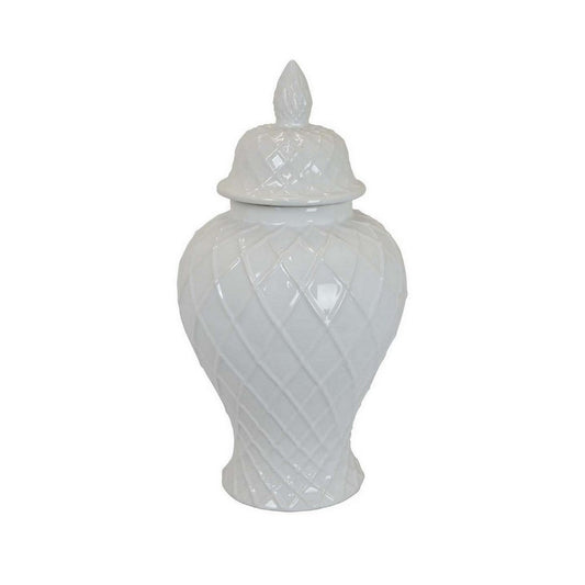 Livie 20 Inch Temple Ginger Jar, Geometric Design, Dome Lid, Ceramic, White By Casagear Home