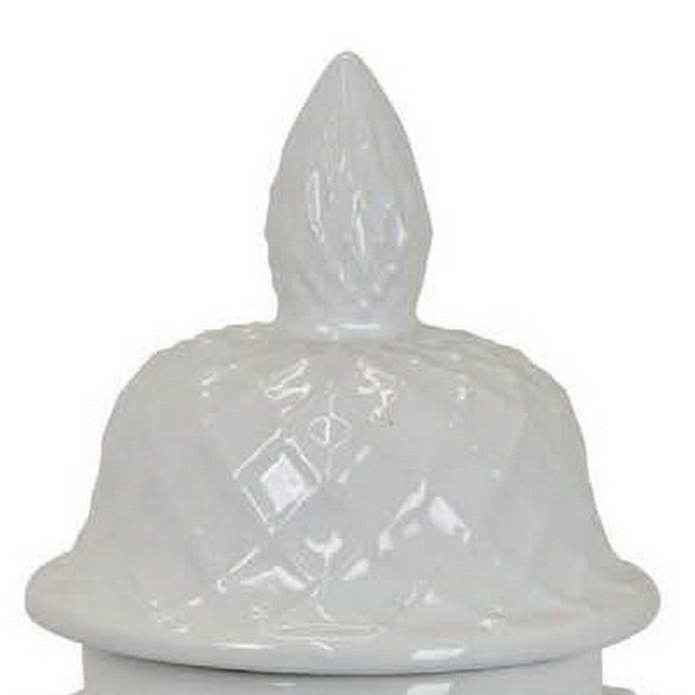 Livie 20 Inch Temple Ginger Jar, Geometric Design, Dome Lid, Ceramic, White By Casagear Home