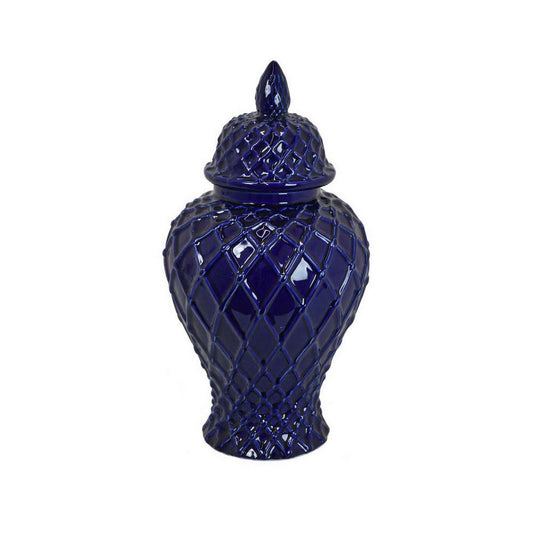 Livie 14 Inch Temple Ginger Jar, Geometric Design, Dome Lid, Ceramic, Blue By Casagear Home