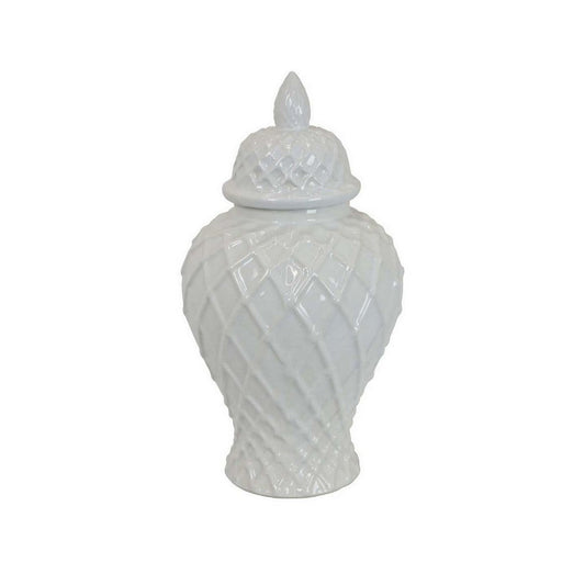 Livie 14 Inch Temple Ginger Jar, Geometric Design, Dome Lid, Ceramic, White By Casagear Home