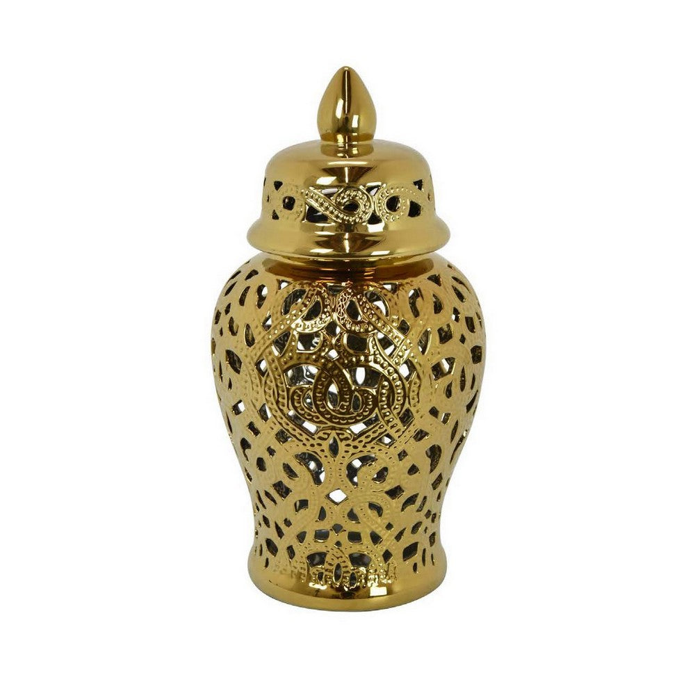 Koel 19 Inch Temple Ginger Jar, Pierced Detailing, Dome Lid, Ceramic, Gold  By Casagear Home