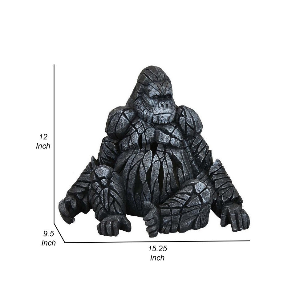 15 Inch Gorilla Figurine Statuette, Intricate Details, Resin, Black Finish By Casagear Home