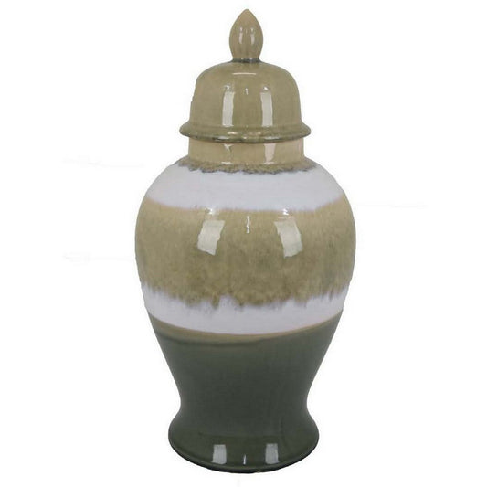Pril 17 Inch Temple Jar with Clean Lines, Ceramic, Brown, Green Finish By Casagear Home