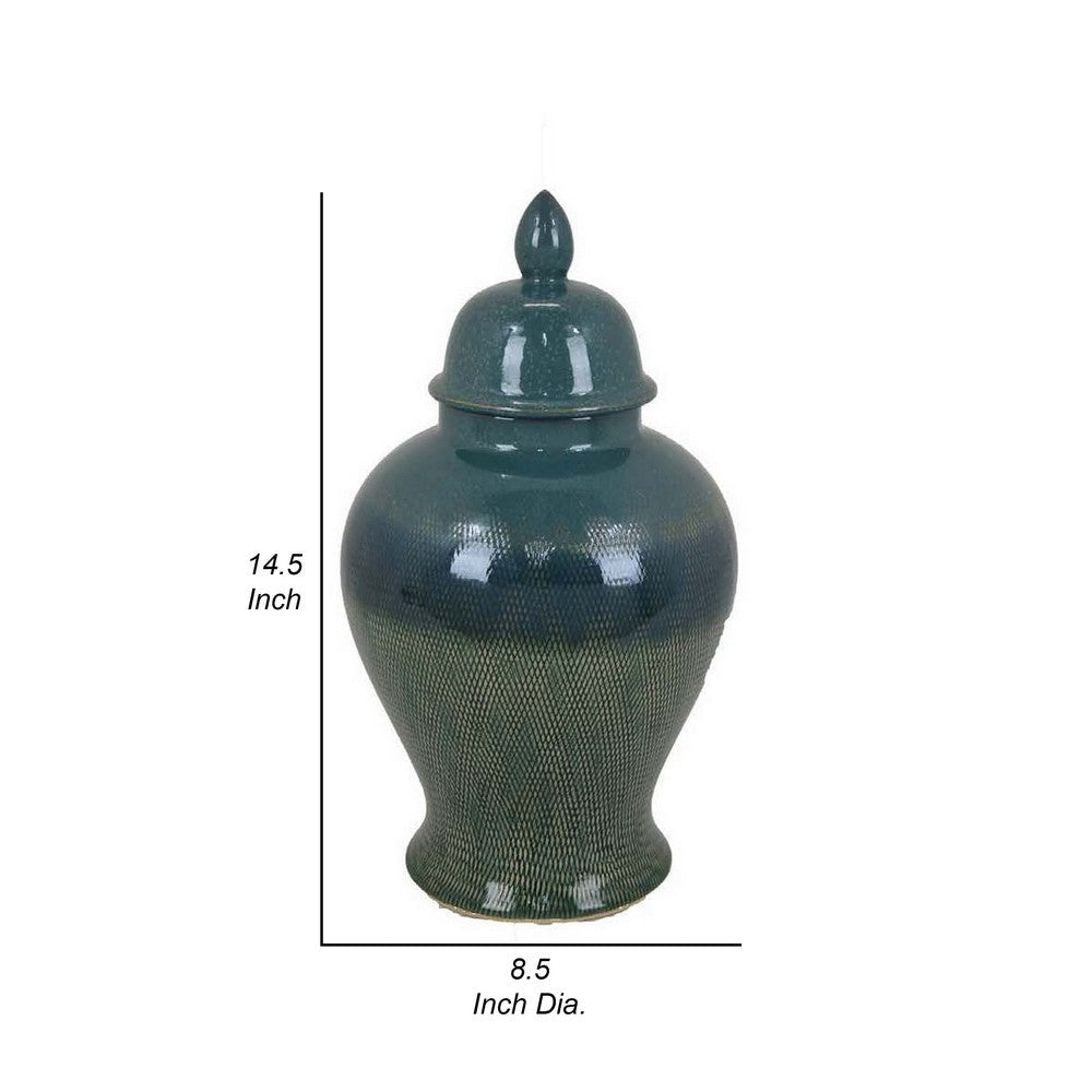 Caty 15 Inch Temple Jar, Finial Dome Lids, Classic, Ceramic, Green Finish By Casagear Home