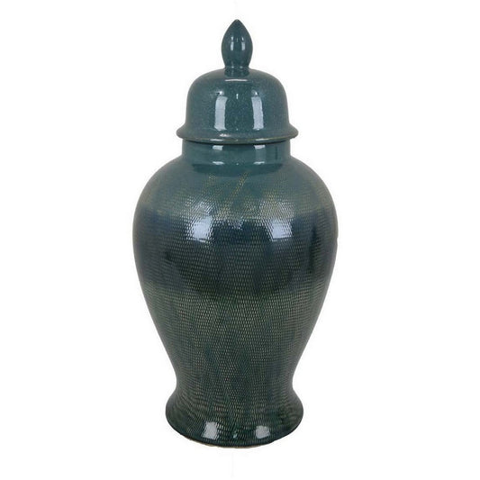 Caty 17 Inch Temple Jar, Finial Dome Lids, Classic, Ceramic, Green Finish By Casagear Home