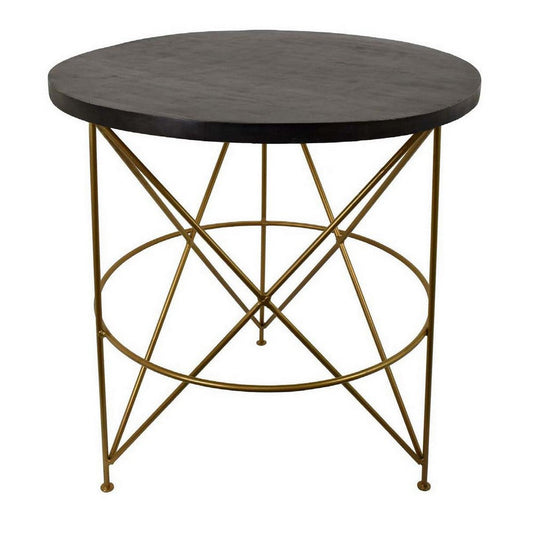 23 Inch Plant Stand Table, Round Top, Modern Gold Geometric Frame, Black By Casagear Home