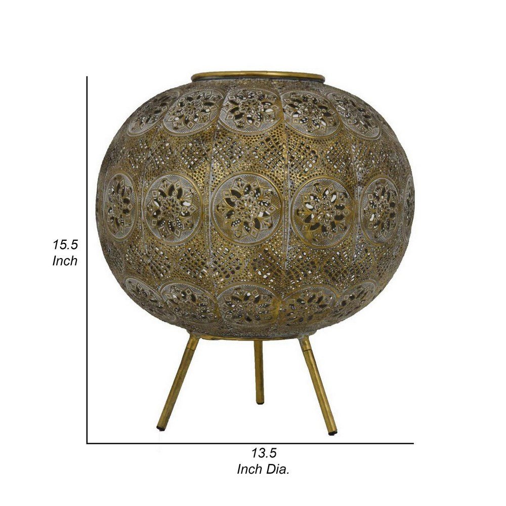 16 Inch Lantern, Standing, Decorative Pierced Floral Patterns, Round, Gold By Casagear Home