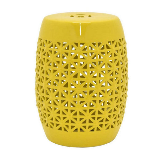 Vol 18 Inch Plant Stand Table Stool, Cut Out Details, Drum Shape, Yellow By Casagear Home