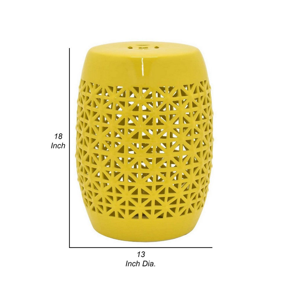 Vol 18 Inch Plant Stand Table Stool, Cut Out Details, Drum Shape, Yellow By Casagear Home