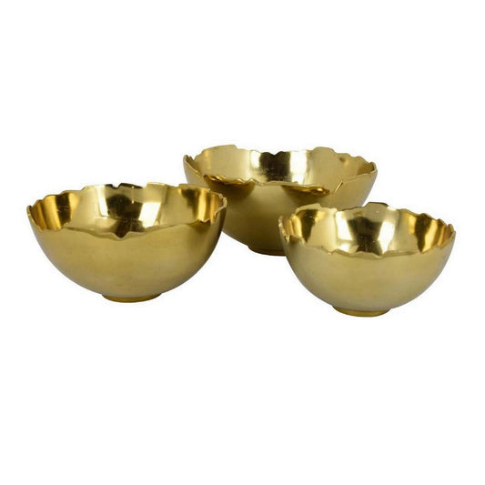 Bonz Set of 3 Bowls, Unique Top Shape, Round Base, Gold Metal Finish By Casagear Home