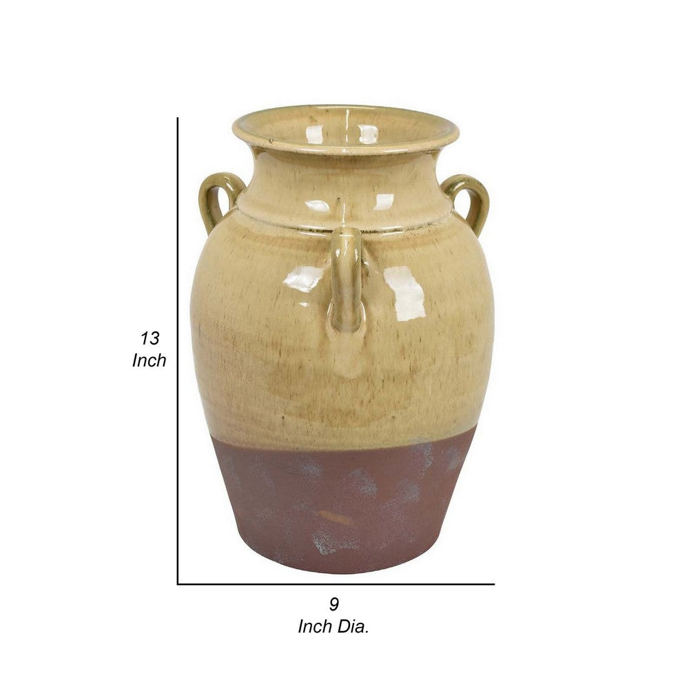 Elf 13 Inch Vase, Premitive Urn Shape, 3 Handles, Brown, Transitional Style By Casagear Home