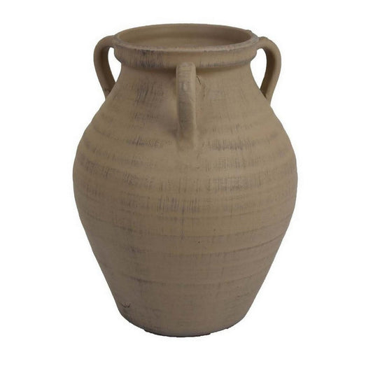 Fely 12 Inch Vase, Premitive Urn with 3 Handles, Brown, Transitional Style By Casagear Home