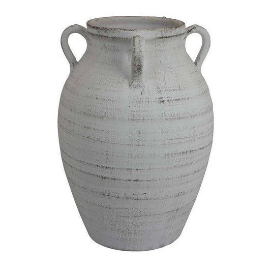 Gri 14 Inch Vase, Classic Urn Shape, 3 Handles, White, Transitional Style By Casagear Home