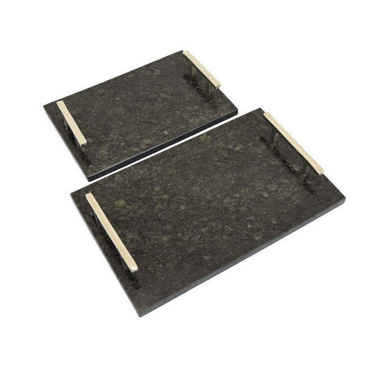 Entro Tray Set of 2, Rectangular Shape, 2 Gold Handles, Black Finish Marble By Casagear Home