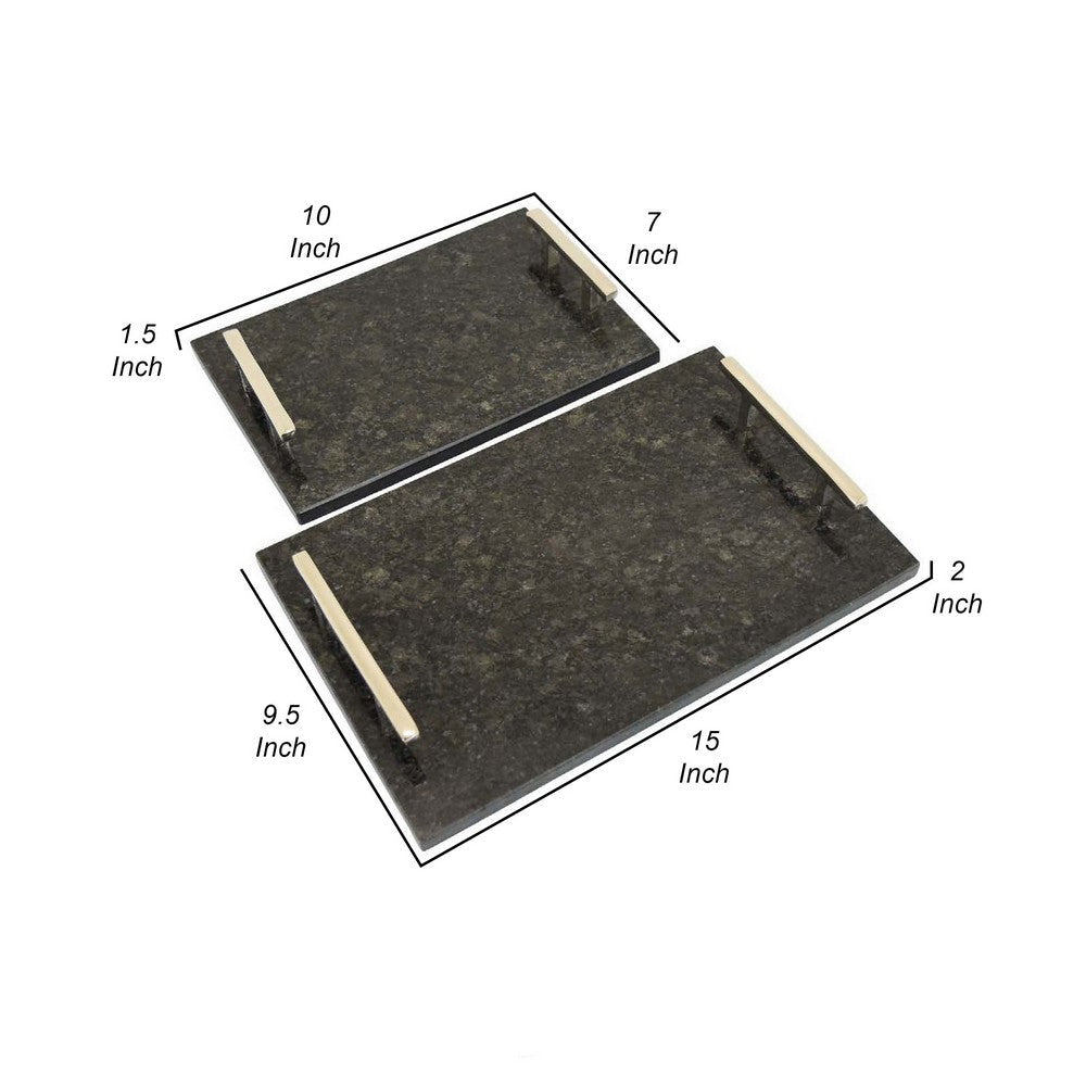 Entro Tray Set of 2, Rectangular Shape, 2 Gold Handles, Black Finish Marble By Casagear Home