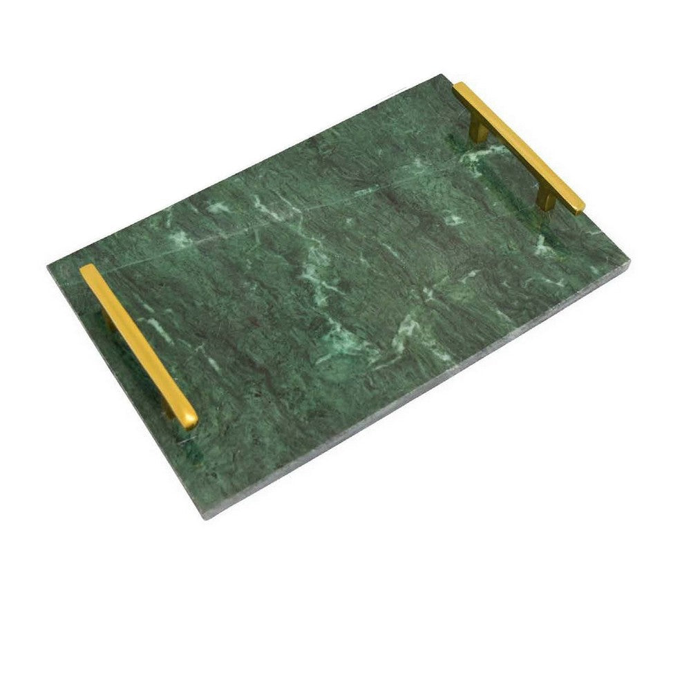 Entro Tray Set of 2, Rectangular Shape, 2 Gold Handles, Green Finish Marble By Casagear Home