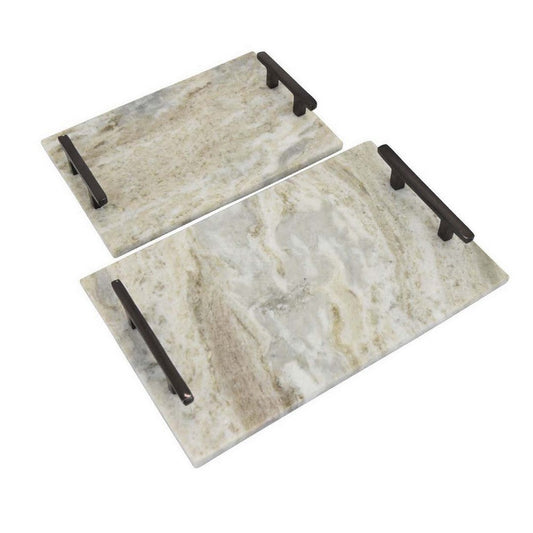 Entro Tray Set of 2, Rectangular Shape, 2 Gold Handles, White Finish Marble By Casagear Home